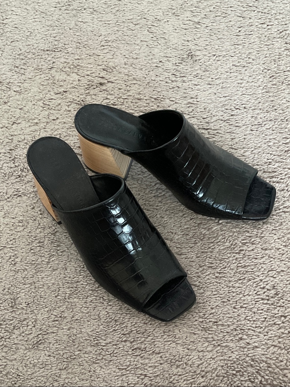 Freda Salvador Black Croc-Embossed Open-Toe Block Heel Mules